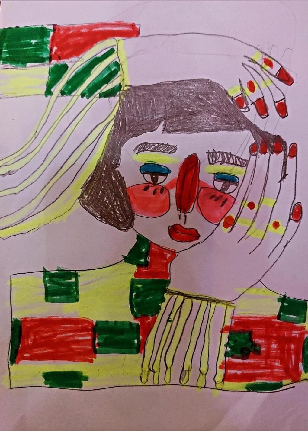 Abstract child drawing by the young artist and ambassador for the environment, Baran Fateminejad, representing a woman.