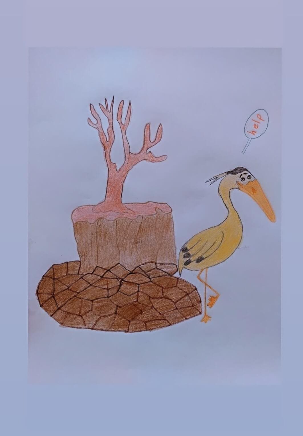 Child drawing by the young artist and ambassador for the environment, Baran Fateminejad, representing a bird asking for help.