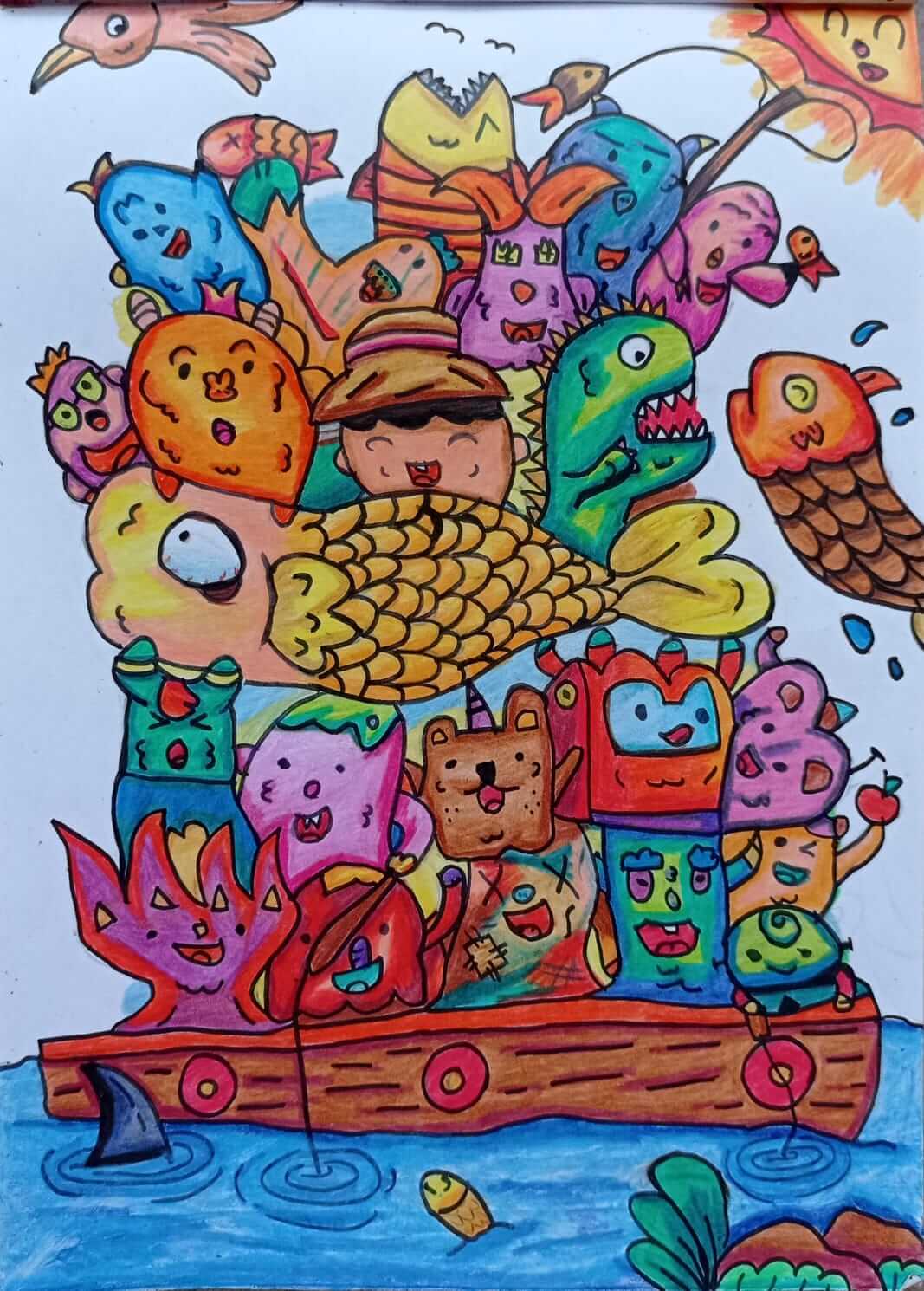 Child drawing of a boy with many animals in a boat by Fico Saverio.