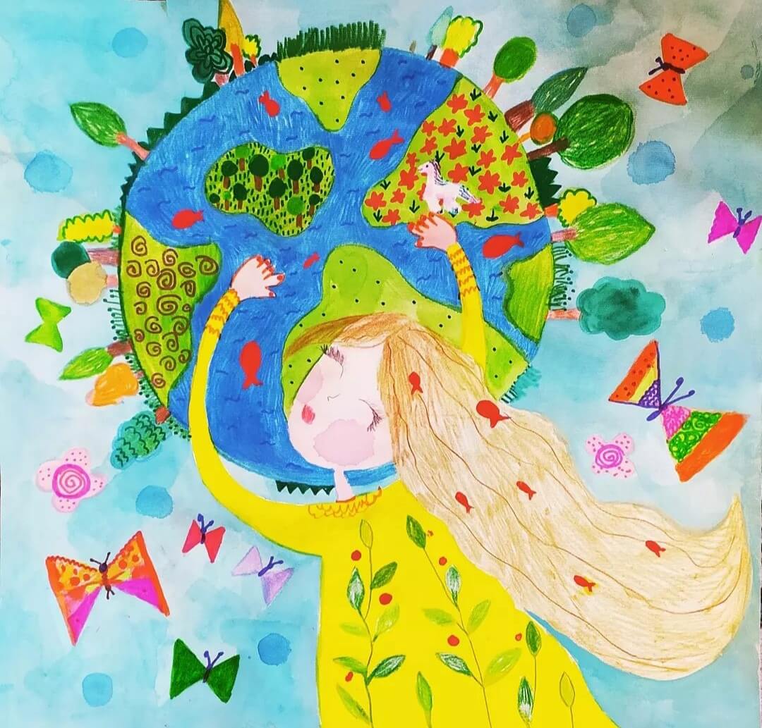 Child drawing by Fateme Masoumi, representing a girl embracing the planet Earth.