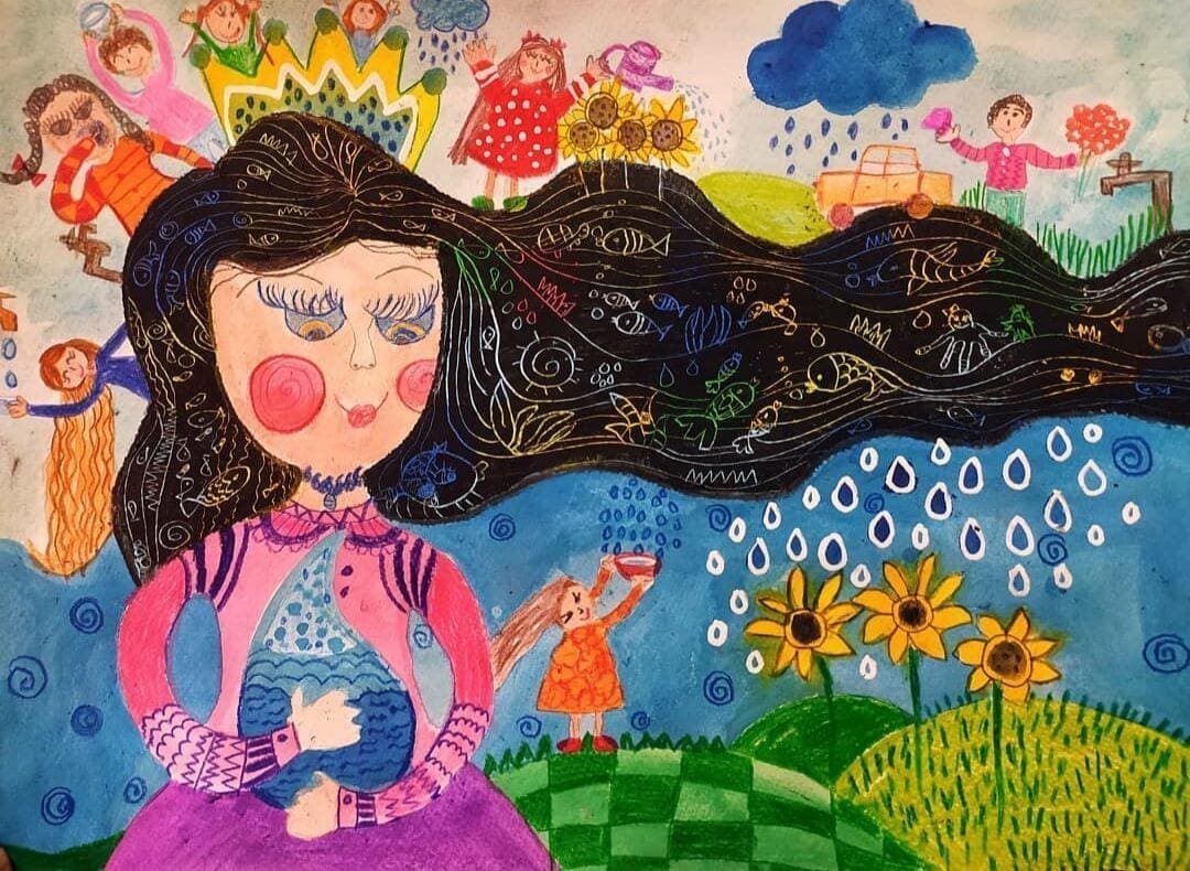 Child drawing by Fateme Masoumi, representing a girl holding a bubble of water in her hands, and watering the earth with the rain that drops from her hair.