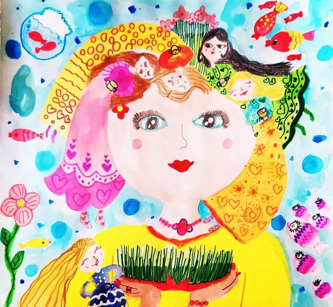 Child drawing representing a girl holding grass in her hands.