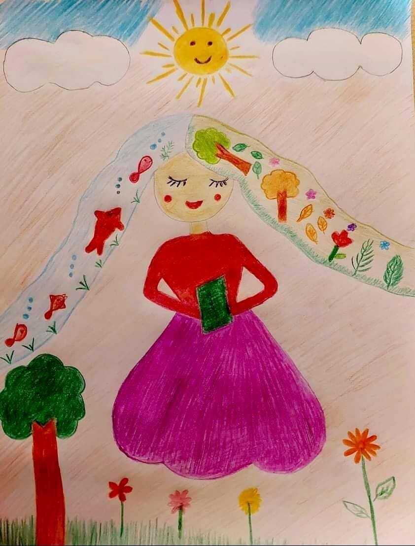 Child drawing by the young artist and ambassador for the environment, Baran Fateminejad, representing a girl with trees and fish in her hair.