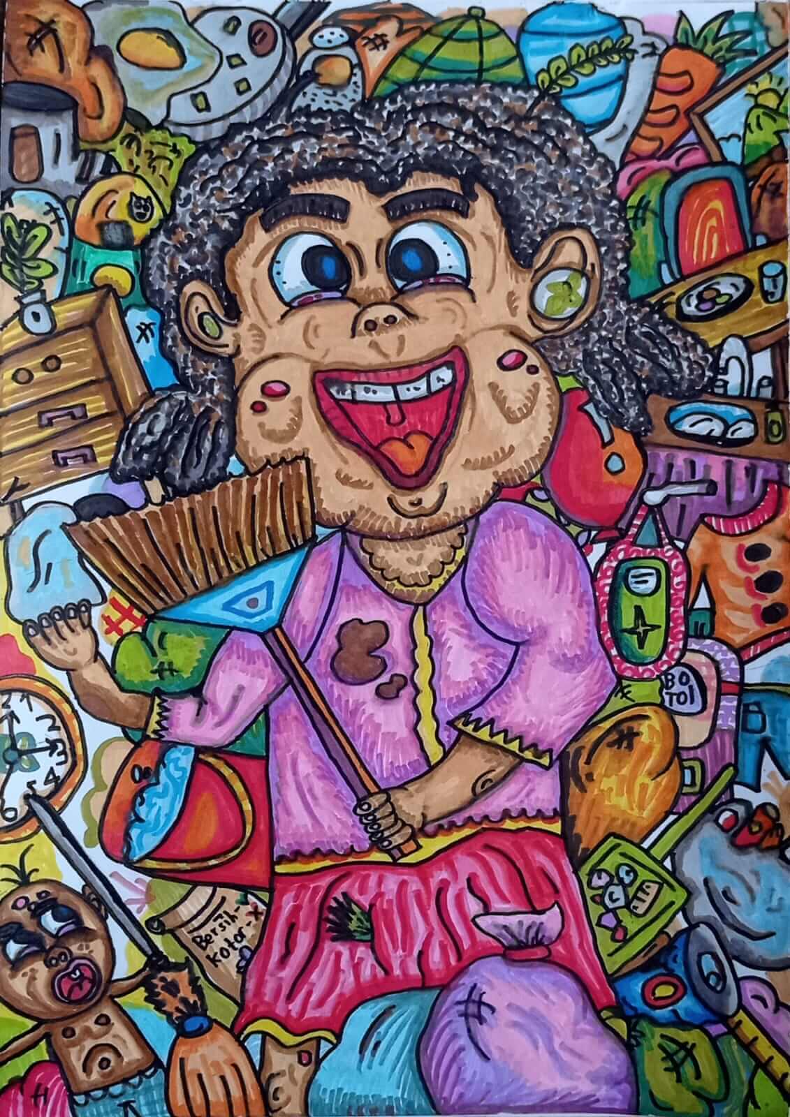 Child drawing of a housewife cleaning by Fico Saverio.