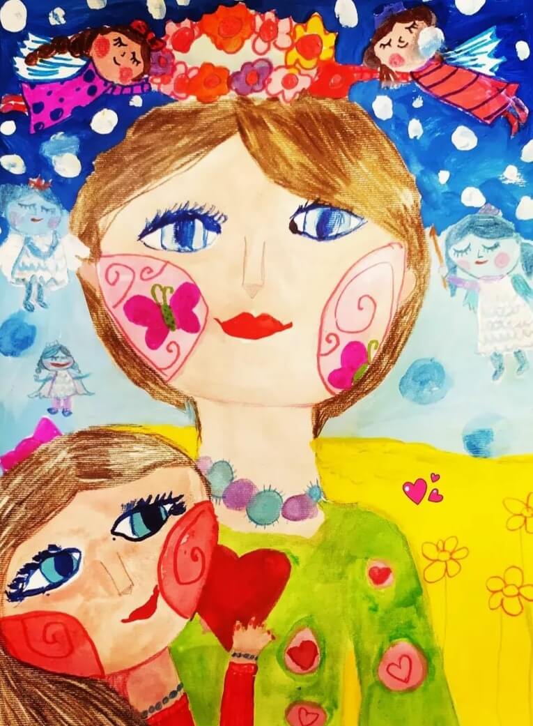 Child drawing by Fateme Masoumi, representing a mother and her girl. The girl embraces her mother while looking at her with veneration.