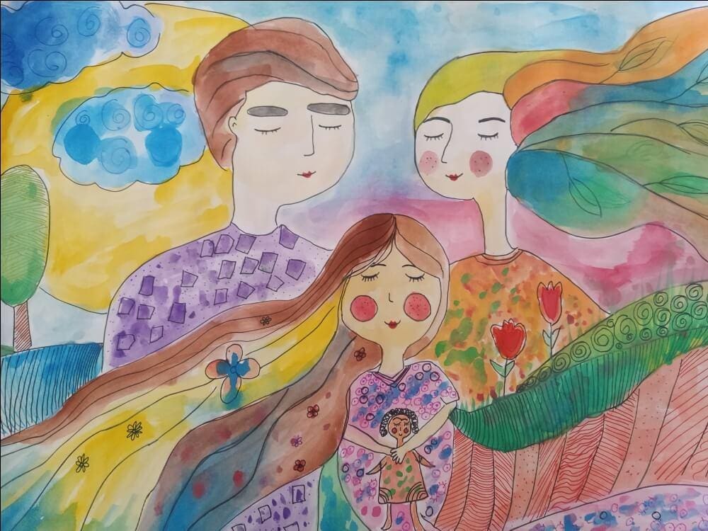 Child painting in watercolors by Ronia Khalaj representing a happy family of three: the father, the mother and the child (girl). Both the mother and the girl have their hair painted as a rainbow.