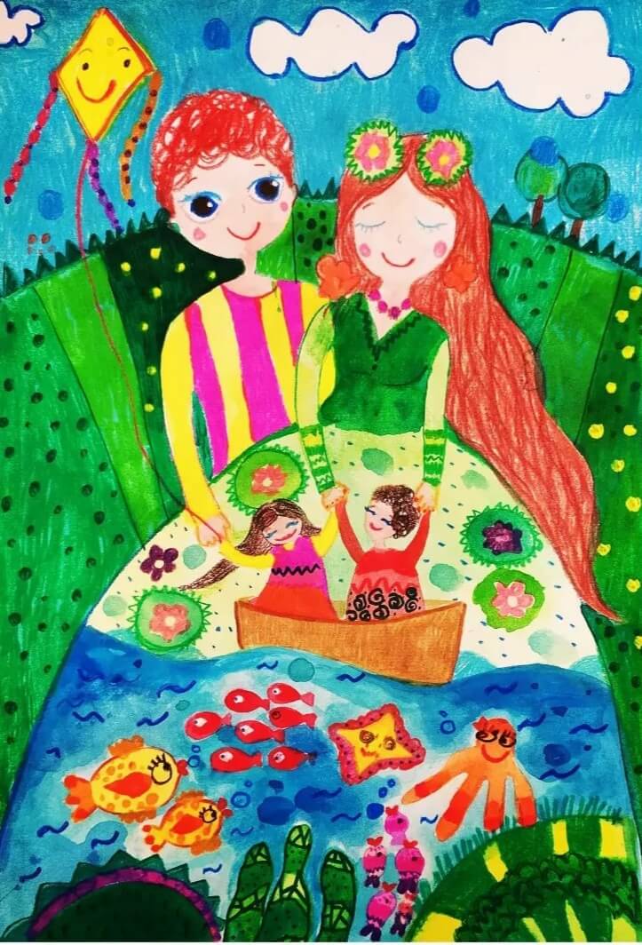 Child drawing by Fateme Masoumi, representing two adults that hold by hand two children, who are in a boat. The children, the boat, and the lake are elements of the woman's dress.