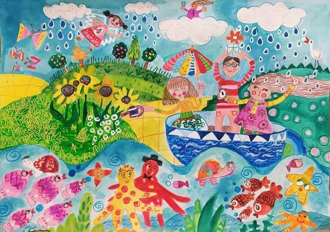Child drawing representing the friendship, that one sees both in children and animals.