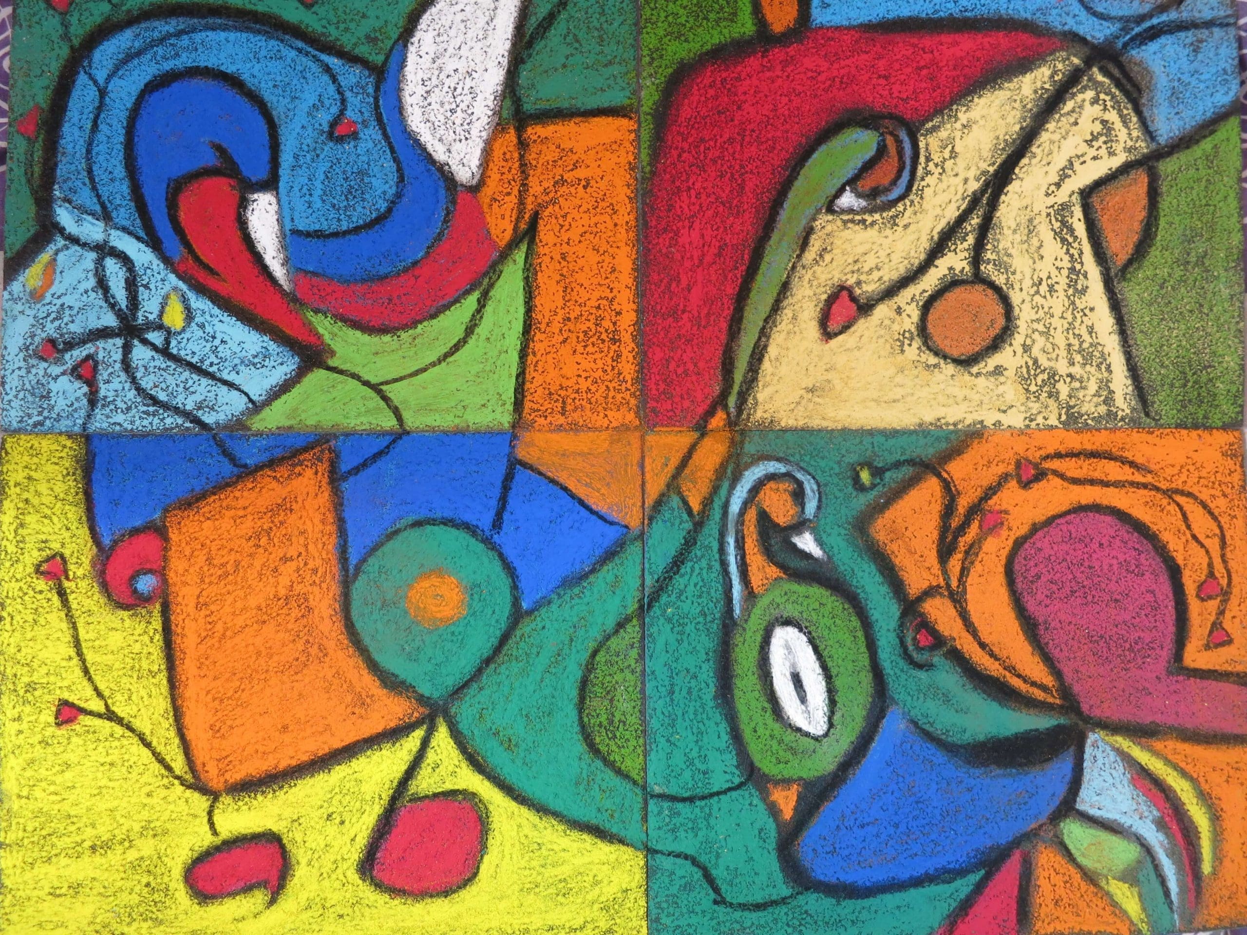 Child painting in cubist, abstract style by Ronia Khalaj.