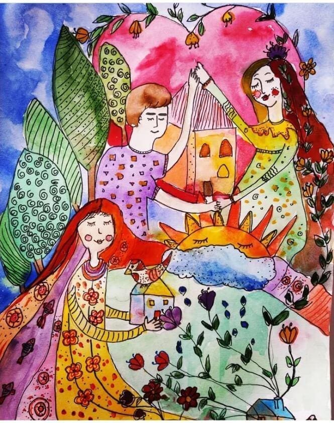 Child painting in acrylic paints  representing a family of three. The father and the mother are holding between their hands a big house. The little girl, next to them, holds in her hands a smaller house, on which a bird sits. Behind the family is a big heart. 