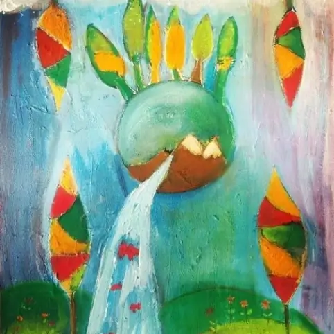 Child painting in acrylic paint by Ronia Khalaj of a fantastical world with a tree with leaves in different colors. In its center is the planet Earth, which has inside itself, under the clear sky, a mountain with snow on its peak. From the mountain, a river emerges, falling down towards the foreground.