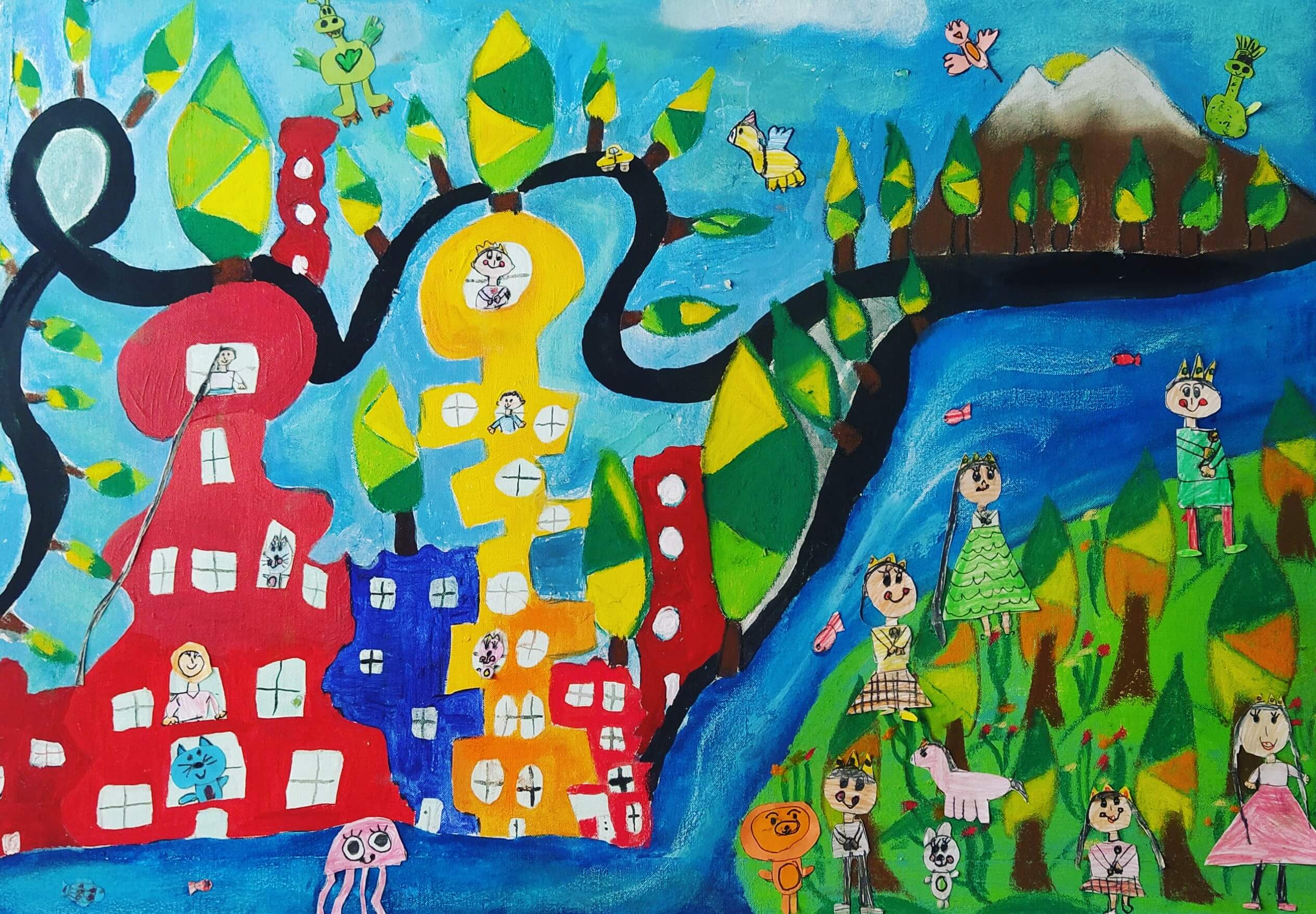 Child painting in acrylic paints and naive art style by Ronia Khalaj. The artwork represents a world containing a city with surrealistic building and a hill with trees, people and animals.