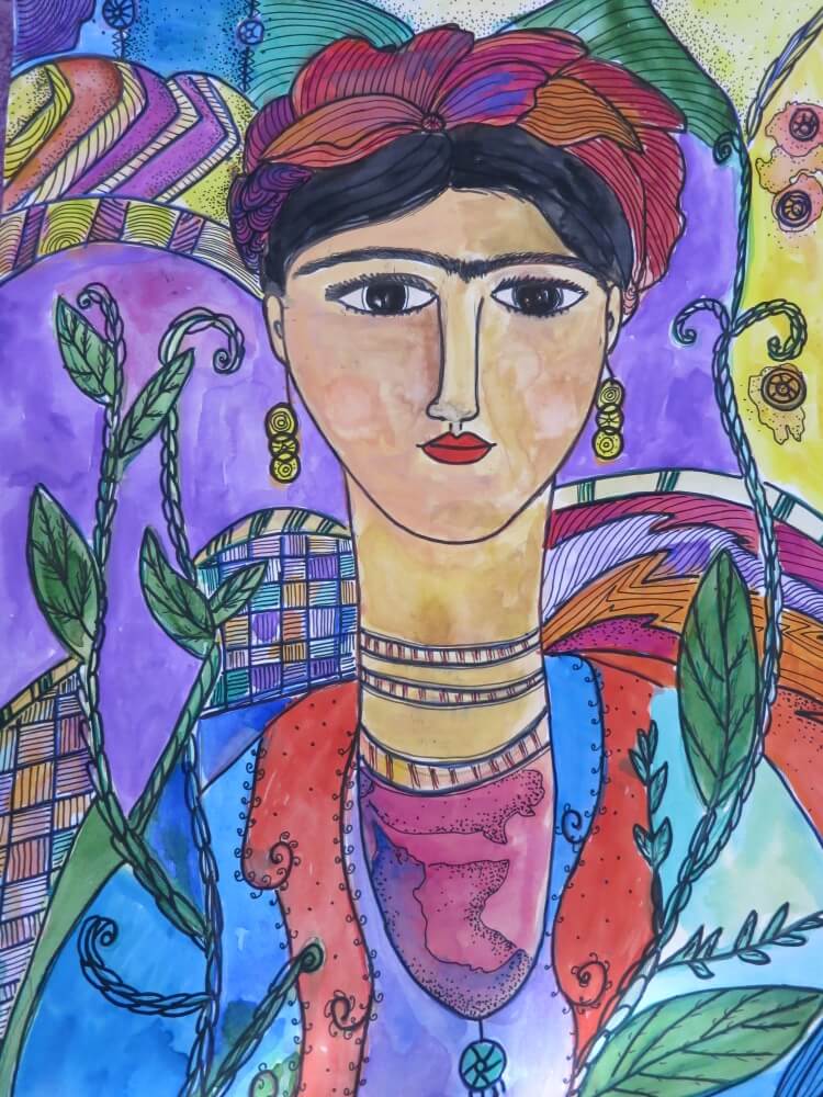 Child painting in watercolors by Ronia Khalaj, representing a woman. The painting is rich in abstract, detailed elements.