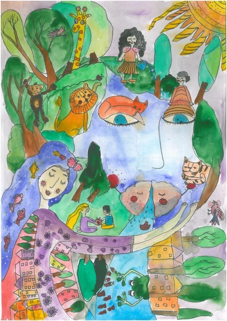 Child painting in pastel watercolors by Ronia Khalaj, representing the personified planet Earth and some of its earthly wild creatures (a monkey, lion, giraffe, tiger, bird, fox, and fish). A woman is holding the planet Earth in her hands while smiling. Her hair is like a river with fish, and on her dress are houses and trees. The planet Earth is looking down, at a city surrounded by trees. Planet Earth has a sleeping fox above its right eye and a child above its left eye.