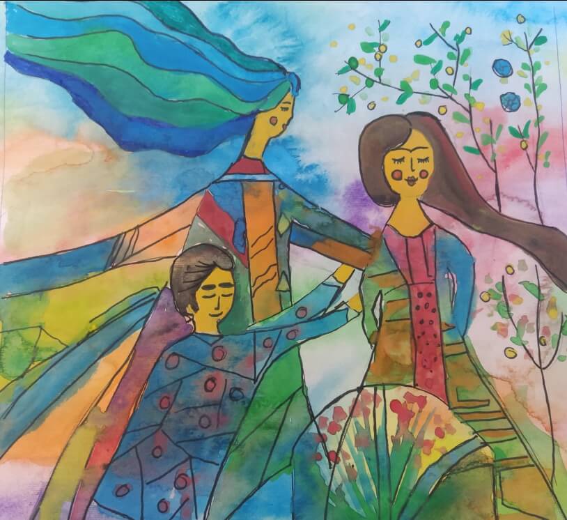 Child painting in pastel watercolors showing three persons: two women and a child. 