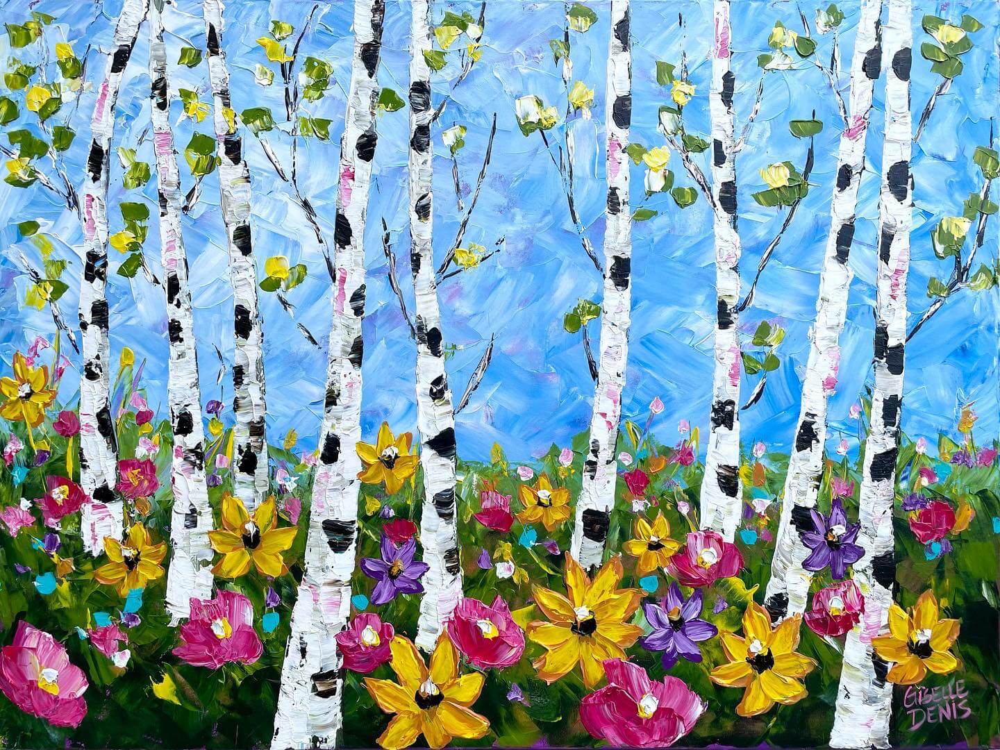 Painting of a forest with many wild flowers in the grass by Giselle Denis.