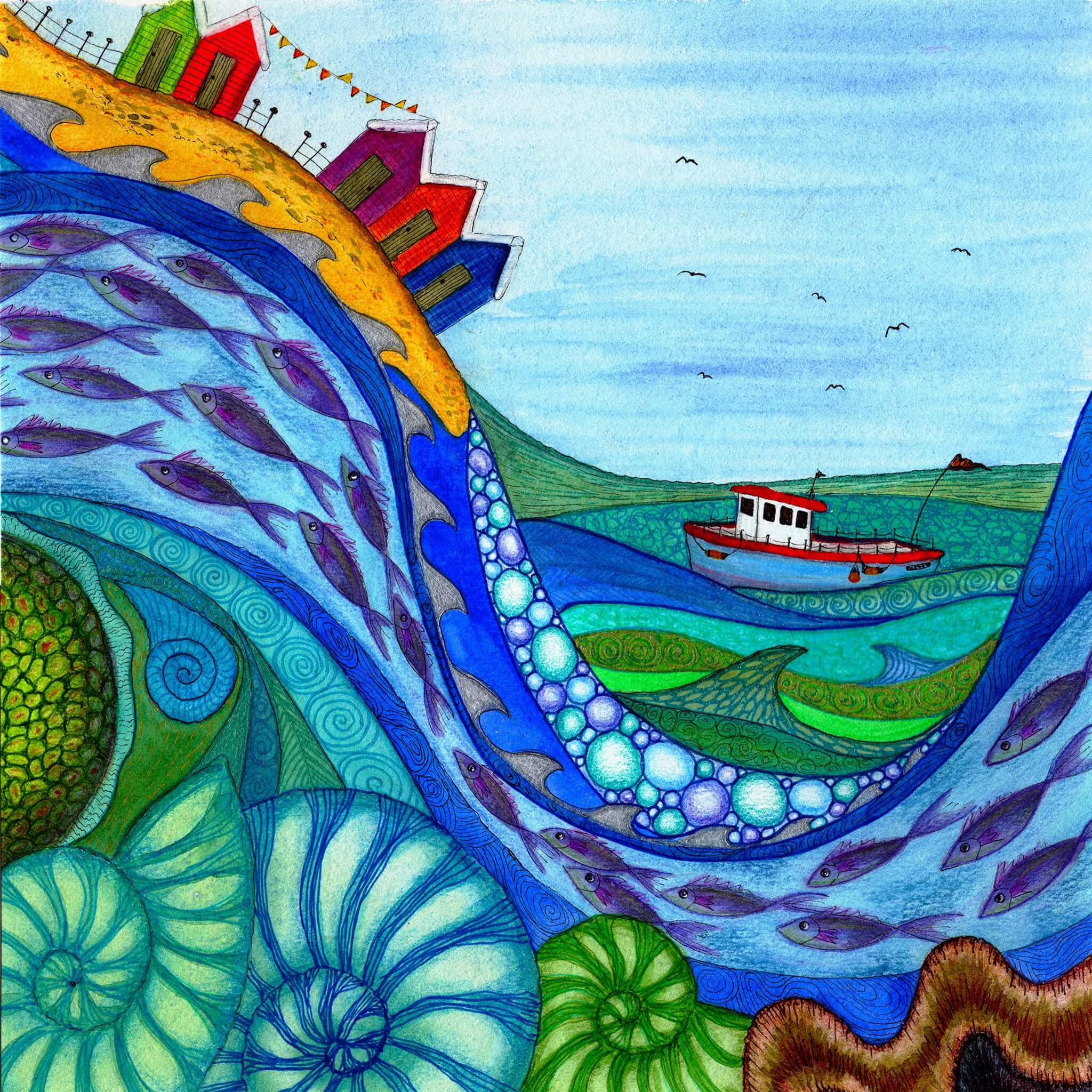 Painting by sea-inspired artist Bridget Wilkinson, showing, in a naive, colorful style, a hill close to the water. On the hill are five houses, and three of them seem to fall into the sea. On the water is a fishing boat. The waves are full of fish. Each individual wave has very small, abstract, and organic details painted on it. In the foreground, down, are some big shells. In the background, seabirds are flying.