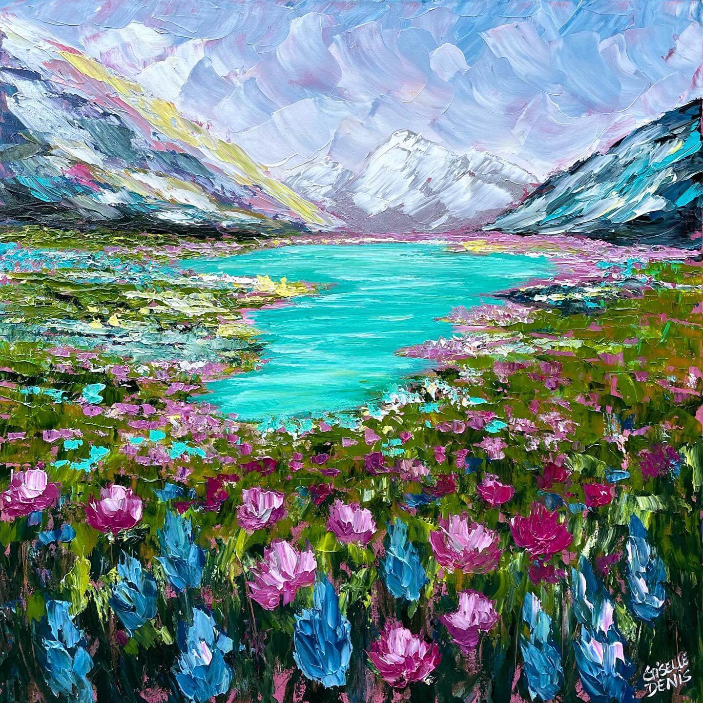 Painting of a mountain landscape by Giselle Denis, featuring mountains with snow on their peaks, a lake, and colorful flowers in the foreground.