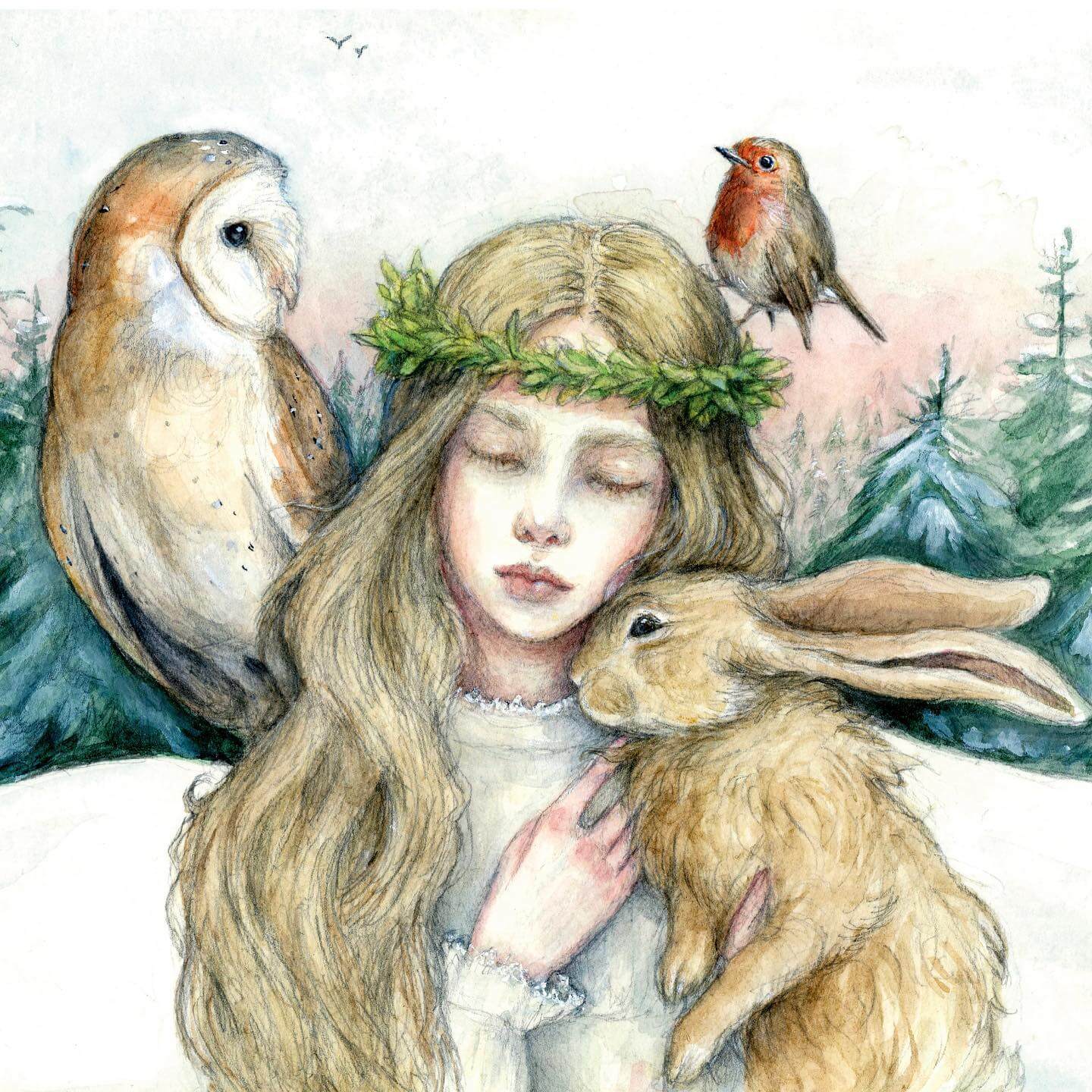 Painting in watercolors by Natacha Chohra representing a beautiful, young woman, surrounded by a owl, a bird and a rabbit. The bird sits on her head, while the owl sits on her shoulder. The rabbit is touching with its head the woman's chin. The woman is touching with her hand the rabbit's neck. She holds her eyes closed.