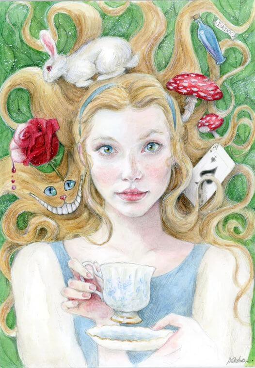 Natacha Chora's representation in watercolor of Alice, the fictional character popularised by Lewis Carroll in "Alice's Adventures in Wonderland". Alice holds in her hands a cup of tea and the Cheshire Cat, known for its distinctive mischievous grin, is hiding in her long hair.