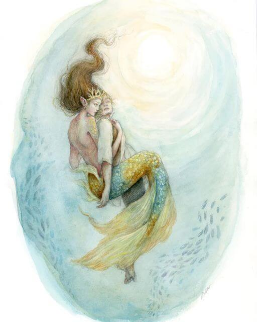 Painting in watercolors by Natacha Chohra representing Ariel, the character of Hans Christian Andersen's 1837 fairy tale "The Little Mermaid", as she saves Prince Eric's life. The scene is under water, the two being surrounded by a school of fish.