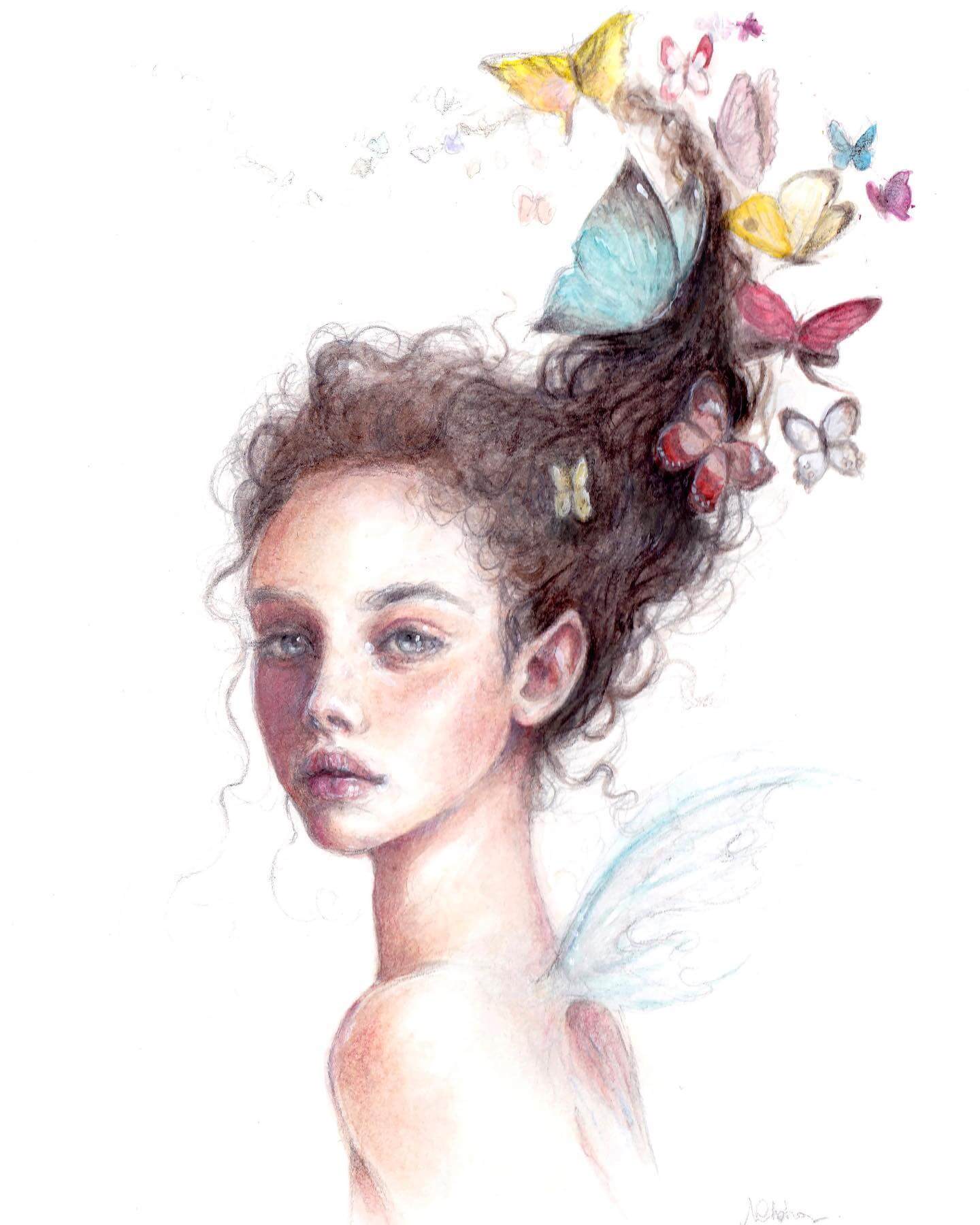 Painting in watercolors representing a young, beautiful fairy with colorful butterflies raising her hair.