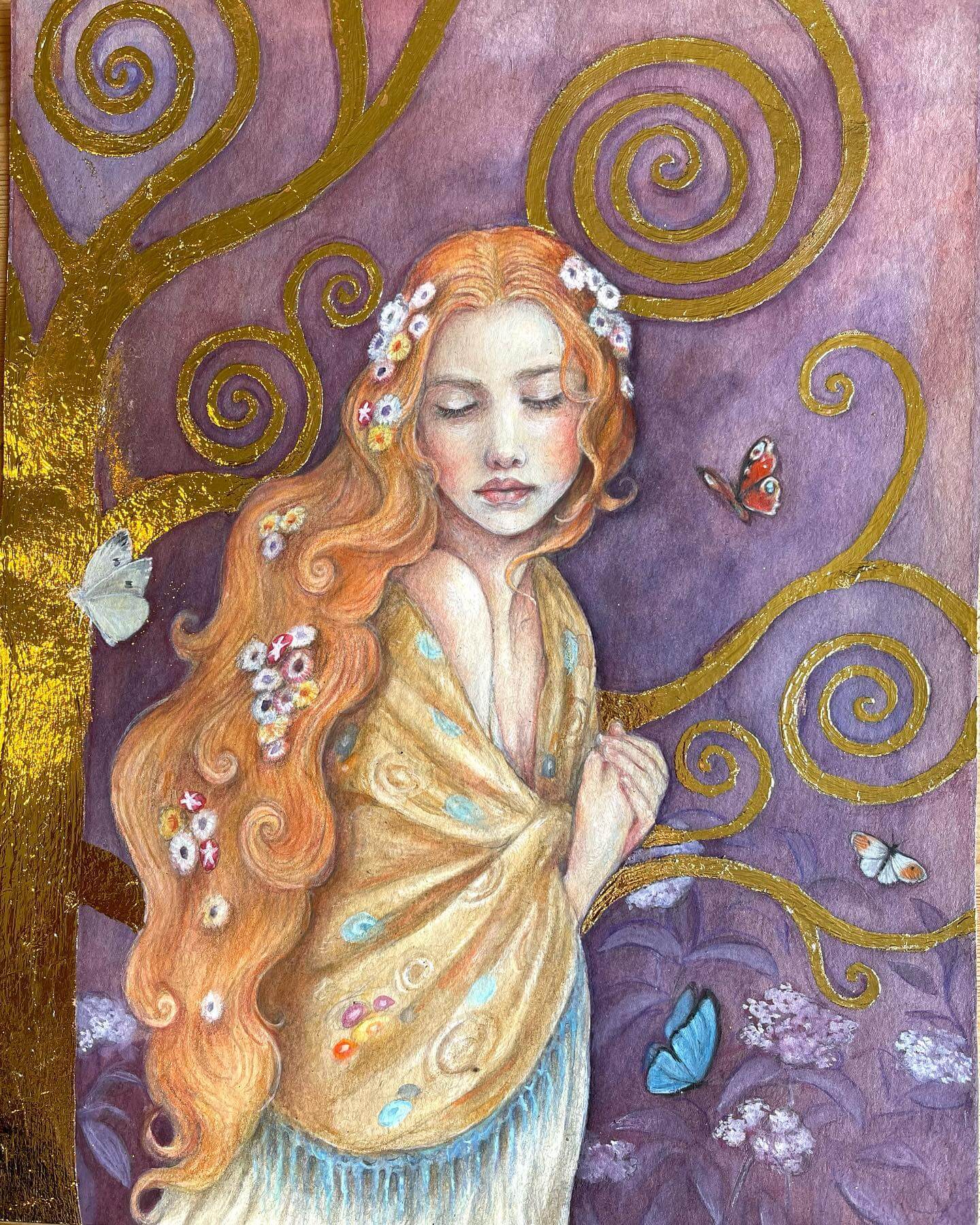 Painting in watercolors of a beautiful princess surrounded by colorful butterflies by Natacha Chohra.