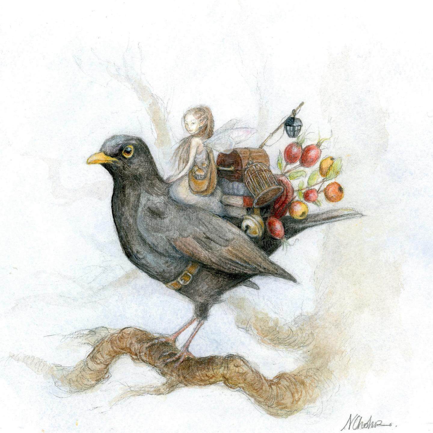 Painting in watercolors by Natacha Chohra representing a small fairy who is travelling on a Blackbird. On the bird's back are also some things, which belong to the fairy: books, a small wooden bucket, a small wooden chest, and some branches with forest fruits.