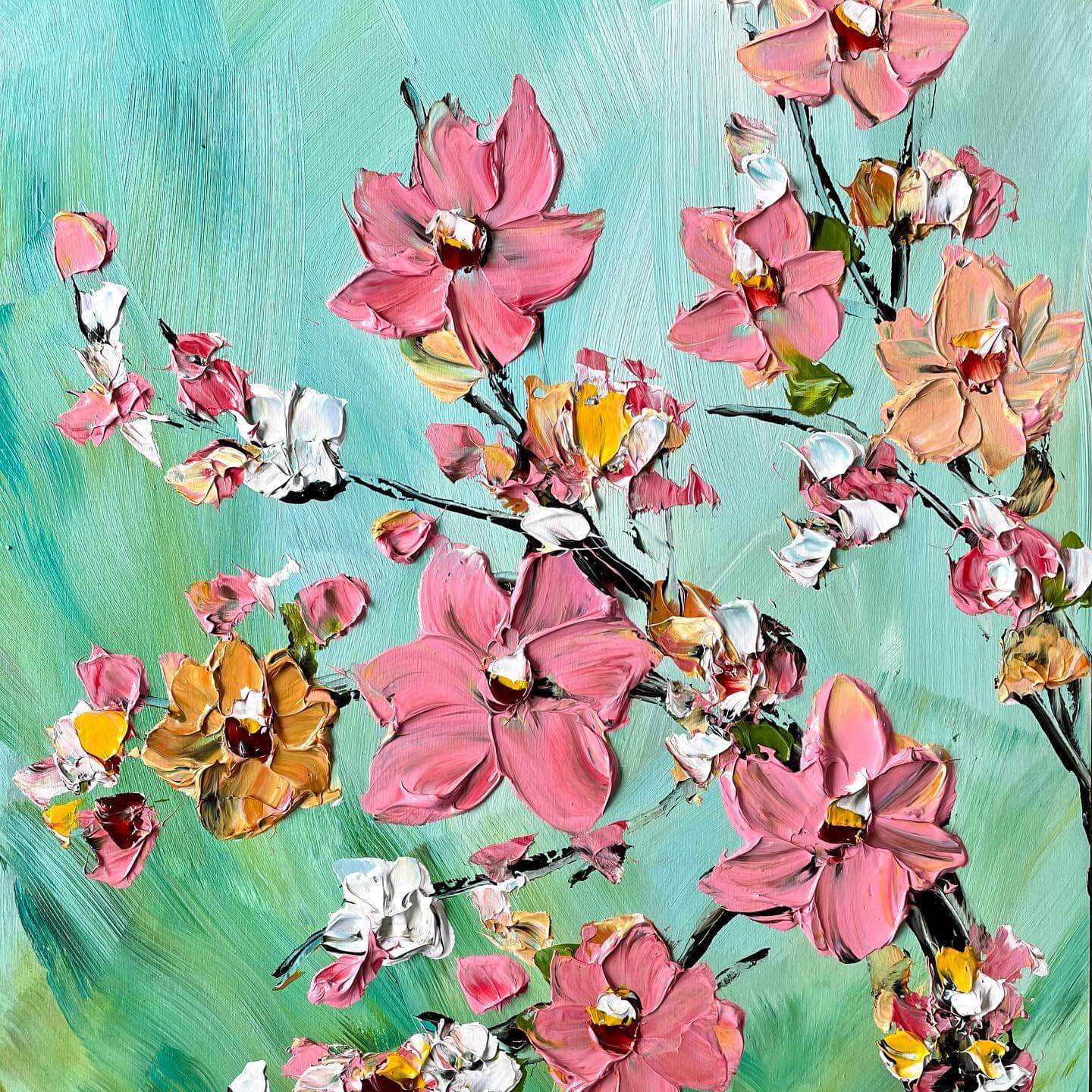 Painting of branches with beautiful pink flowers by Giselle Denis.