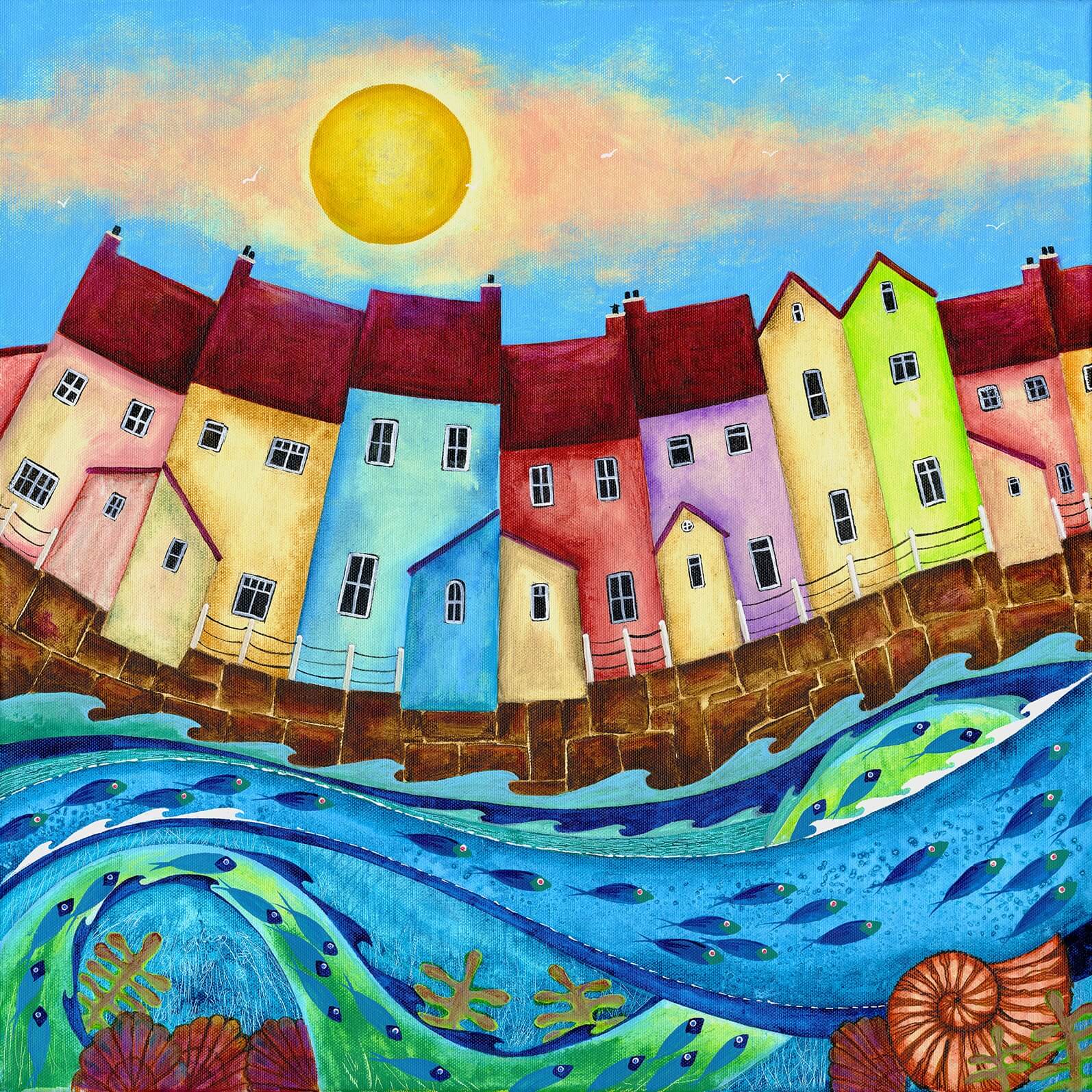 Vibrant painting by sea-inspired artist Bridget Wilkinson, created in a unique style that makes one think of naive art. The painting shows a compact harbor houses, each painted in a different color. Above is the clear sky and a warm sun. In the foreground is the water, full of fish. The water seems alive, moving in waves.