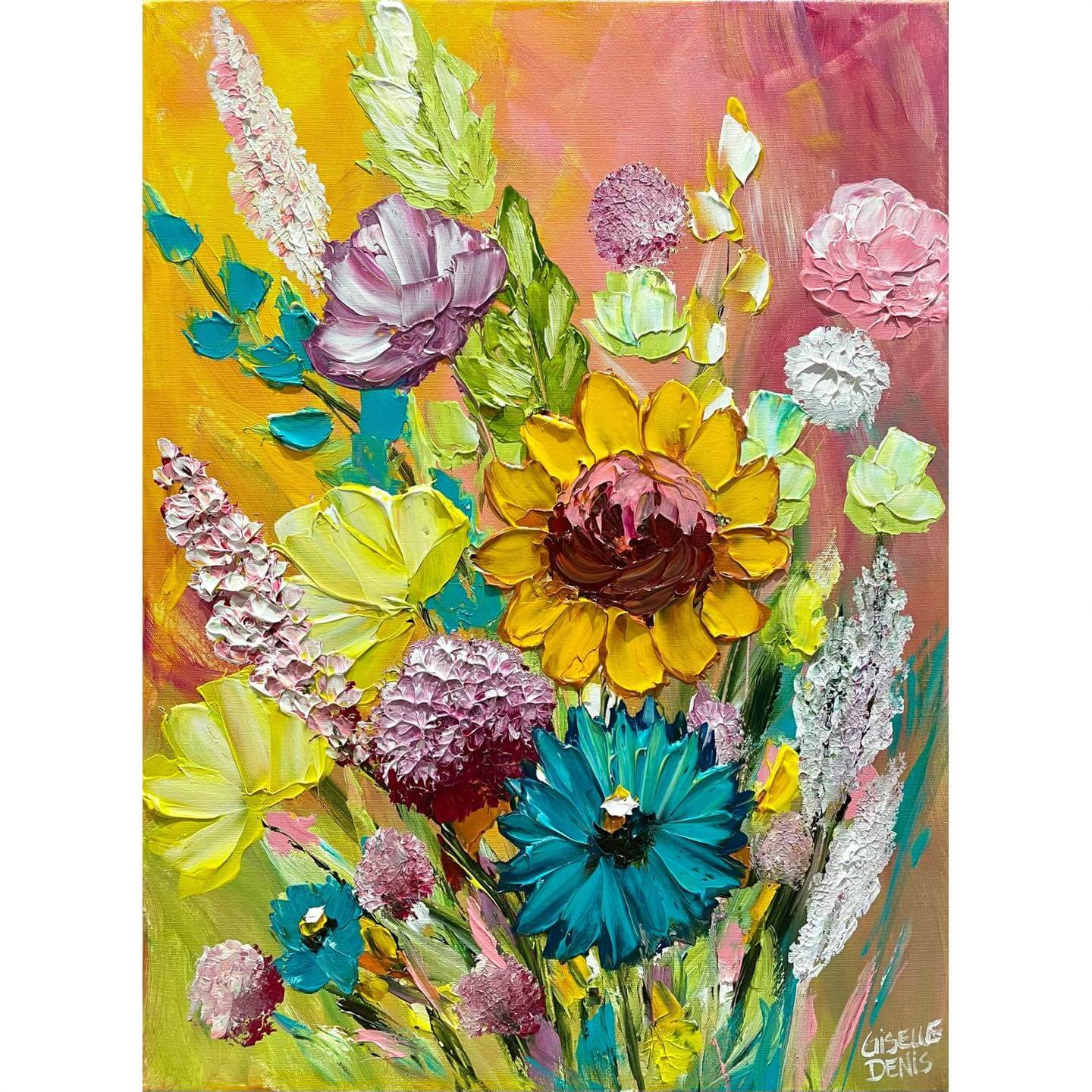 Painting of different colorful flowers by Giselle Denis.
