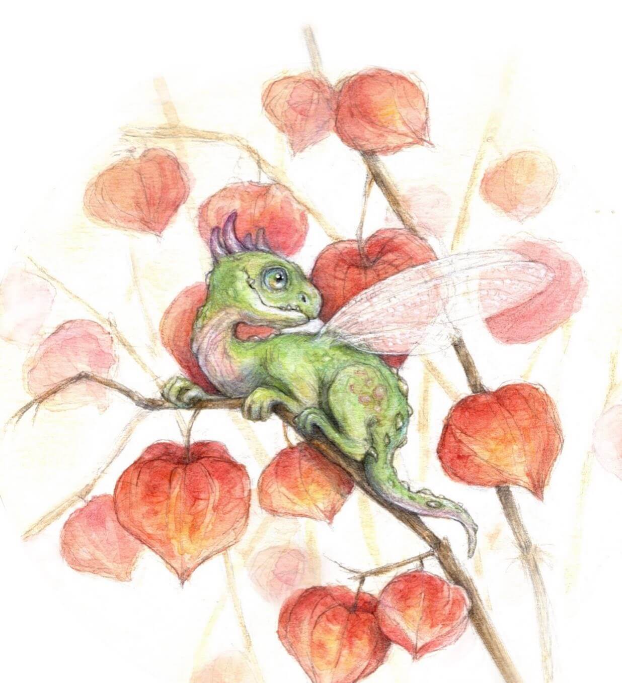 Painting in watercolors of a small dragon baby. 