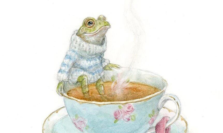 Painting in watercolor by Natacha Chohra representing a frog wearing a woolly jumper, who sits on the edge of a vintage cup and has his feet in the warm tea.