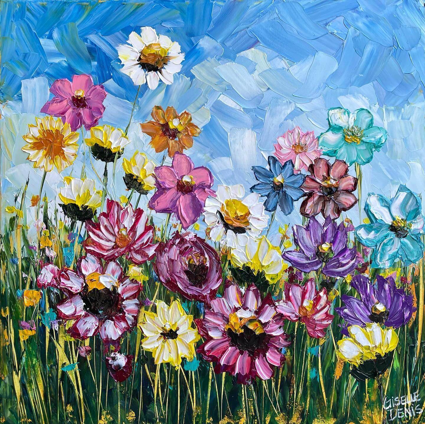Painting of many wild colorful flowers by Giselle Denis.