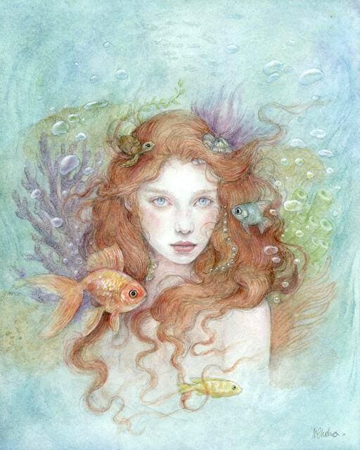 Painting in watercolors by Natacha Chohra representing a mermaid under the water. She is facing the viewer and around her are some fish from different species and a small baby sea turtle.