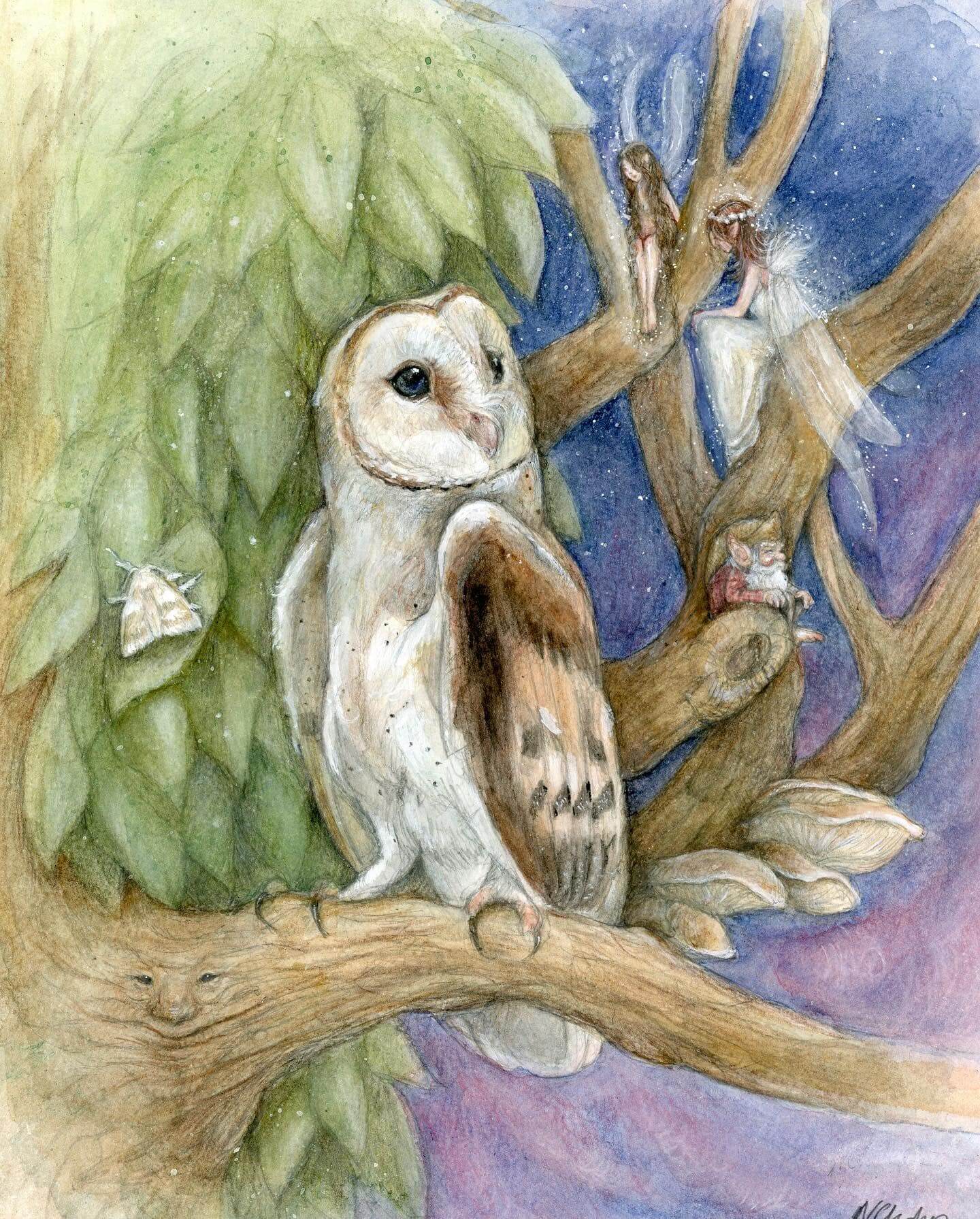 Painting in watercolors representing a owl sitting on a tree branch and looking at a very small fairy. In the background, on another branch of the tree, sit a small imp-like man.