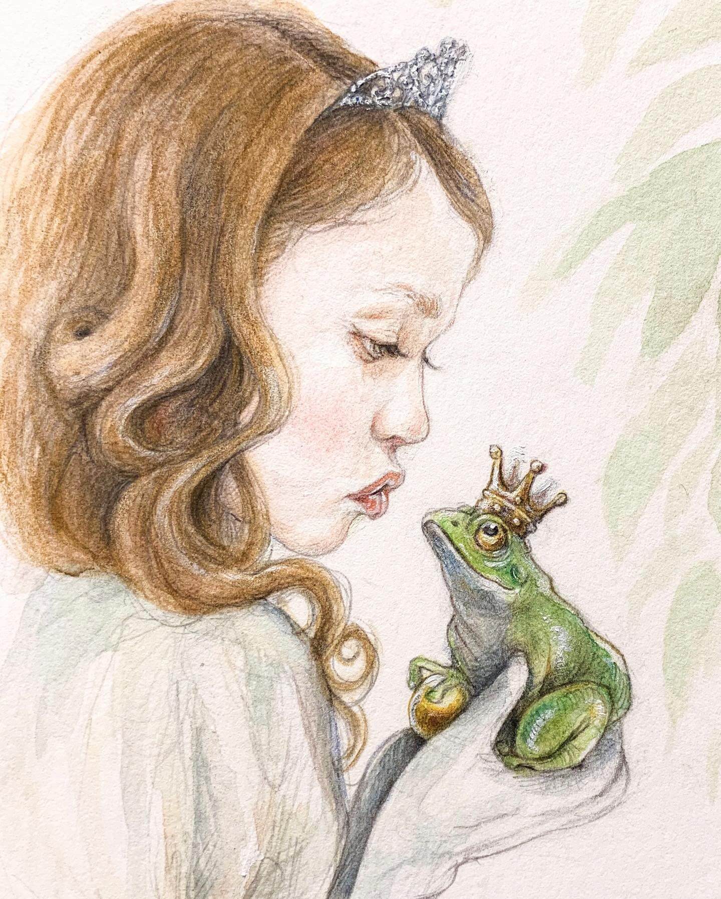 Painting in watercolors by Natacha Chohra, inspired from the tale "The Frog Prince", collected by the Brothers Grimm. The painting shows a beautiful princess preparing herself to kiss the frog that she holds in her hands. Both the princess and the frog have crown on their heads and they look in each other's eyes. 