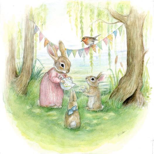 Painting in watercolors by Natacha Chohra representing a family of rabbits: the mother and two rabbit children. Both children are waiting with their cups for the mom to give them warm tea.