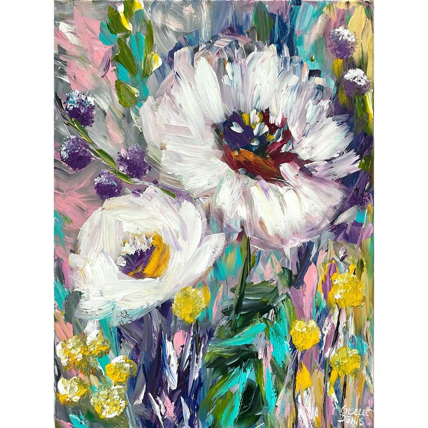 Painting of small and bigger flowers by Giselle Denis.