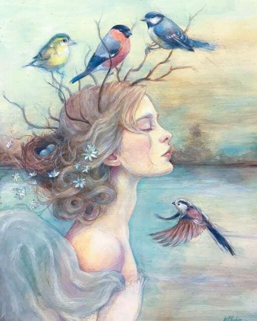 Painting in watercolors by Natacha Chohra representing a young woman with small, thin tree branches growing from her hair and birds sitting on the branches.