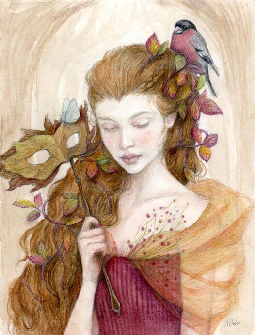 Painting in watercolors of a beautiful young woman, holding in her hand a mask. 