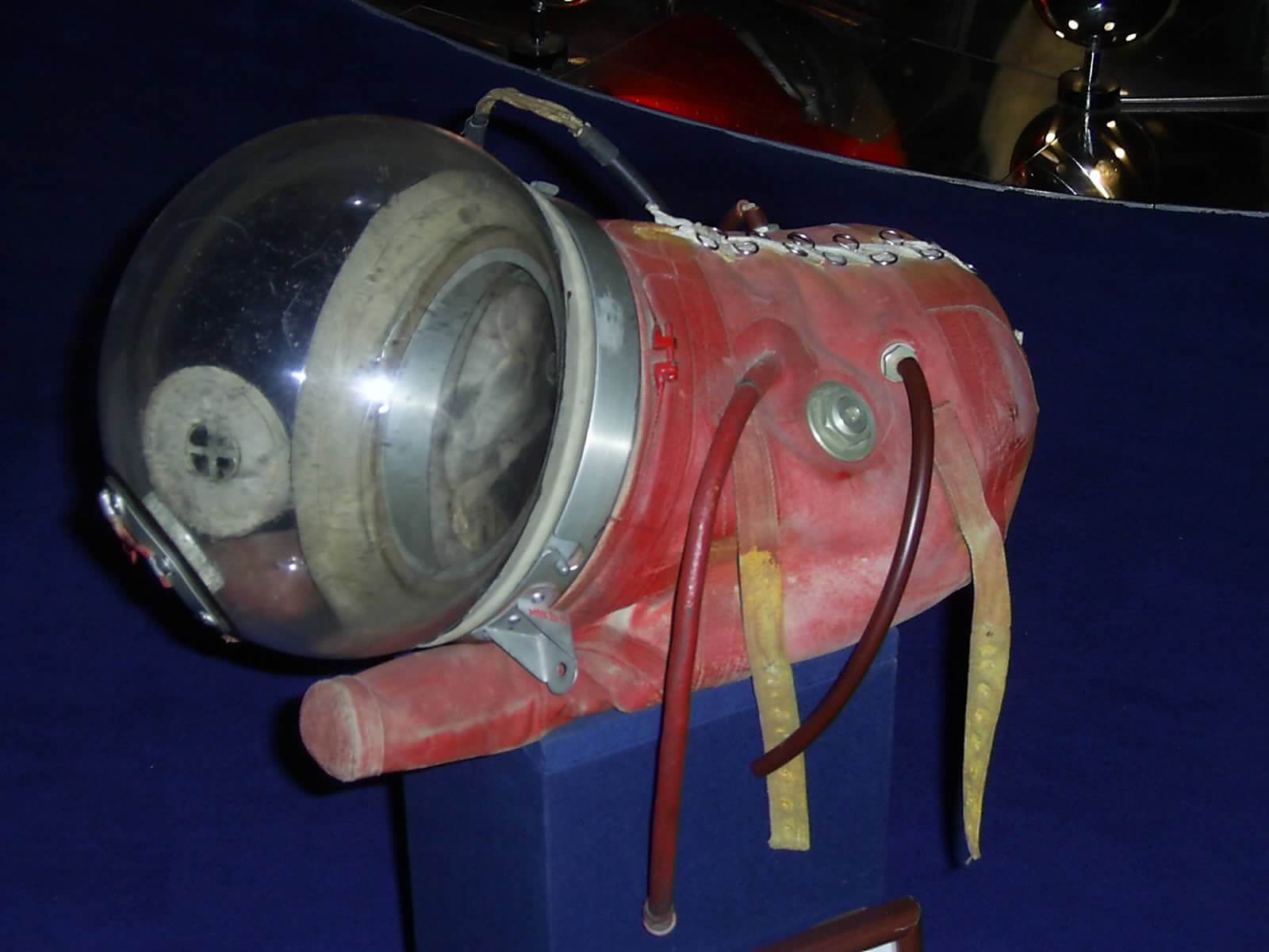 Photograph of the original space suit that the experimental space dog, Laika, wore during her mission, on November 3rd, 1957. The space suit is now displayed at the Moscow Space Museum.