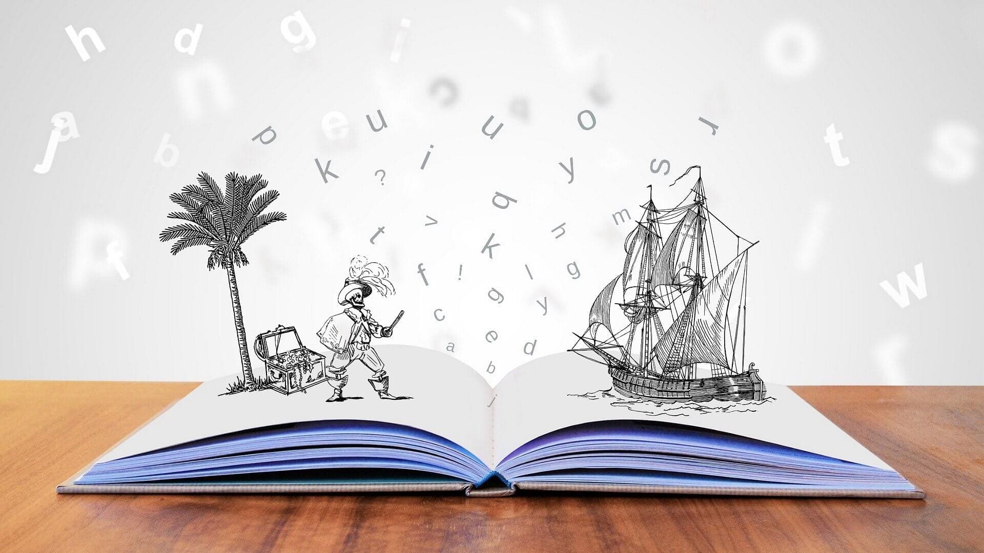 Digital art showing an open pop-up book that tells a story about pirates On one side is a small island, with a pirate sitting next to his treasure chest and a tree. On the other side of the open book is a pirate ship.