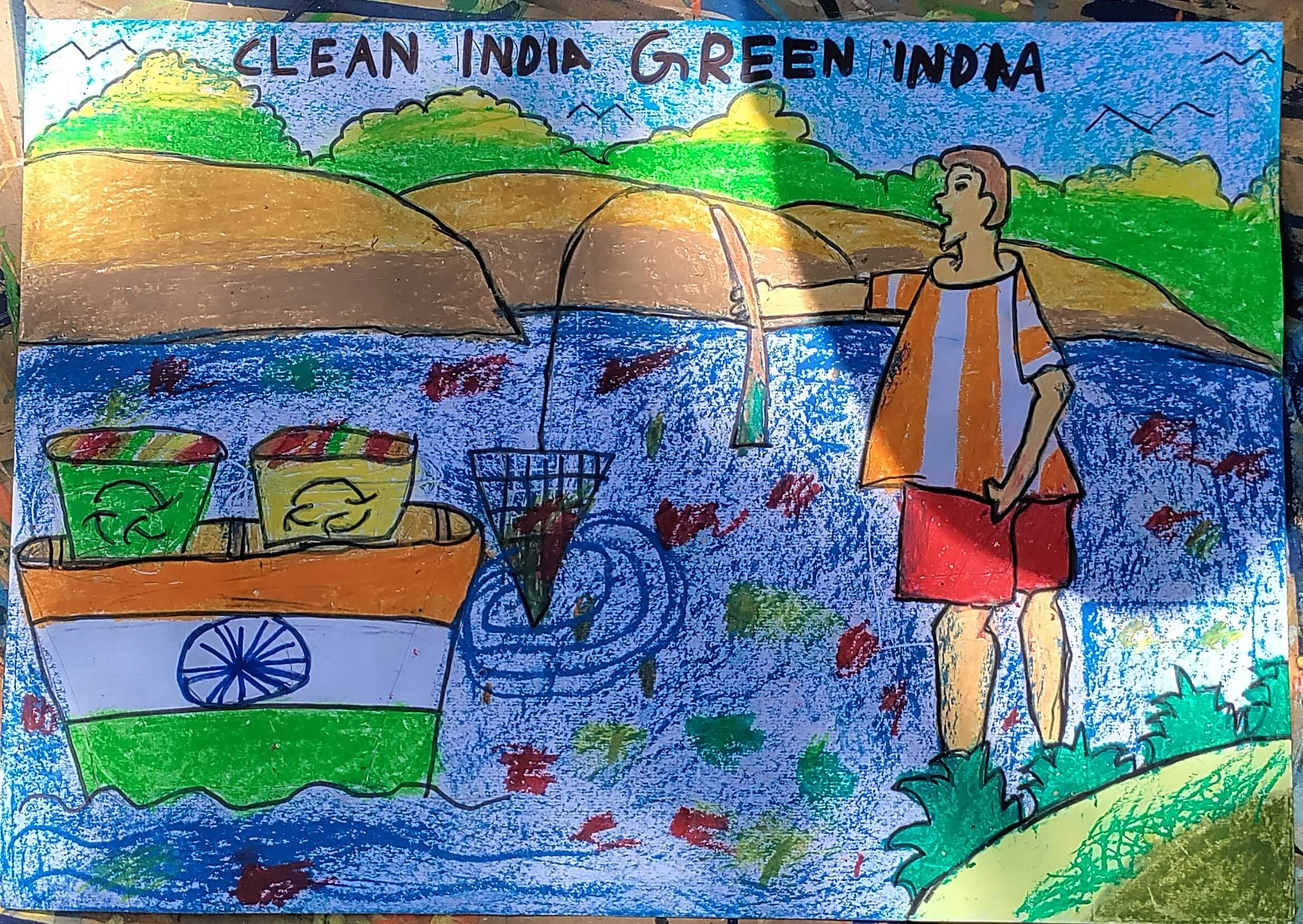 Child drawing by young artist Aarush De, representing a child and planet Earth.