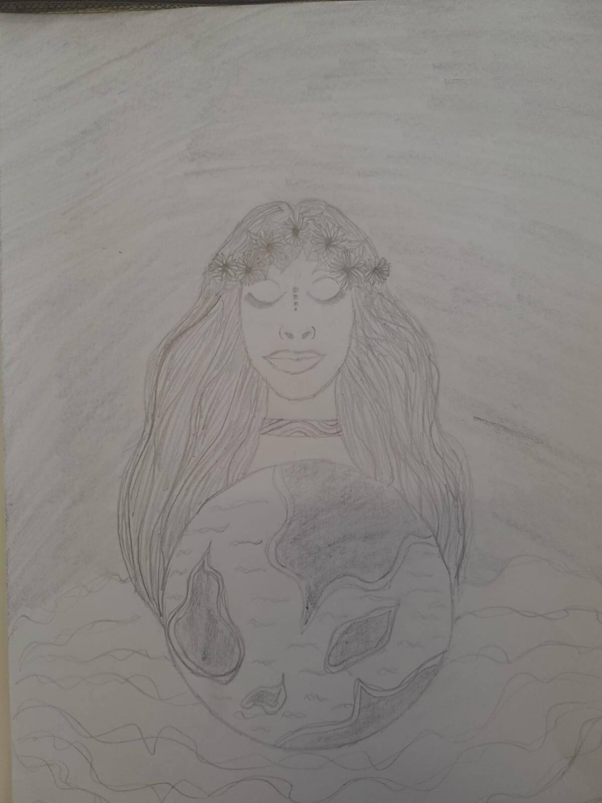 Child drawing by young artist Adelina Claudia Pană, representing Mother Earth and the planet Earth.