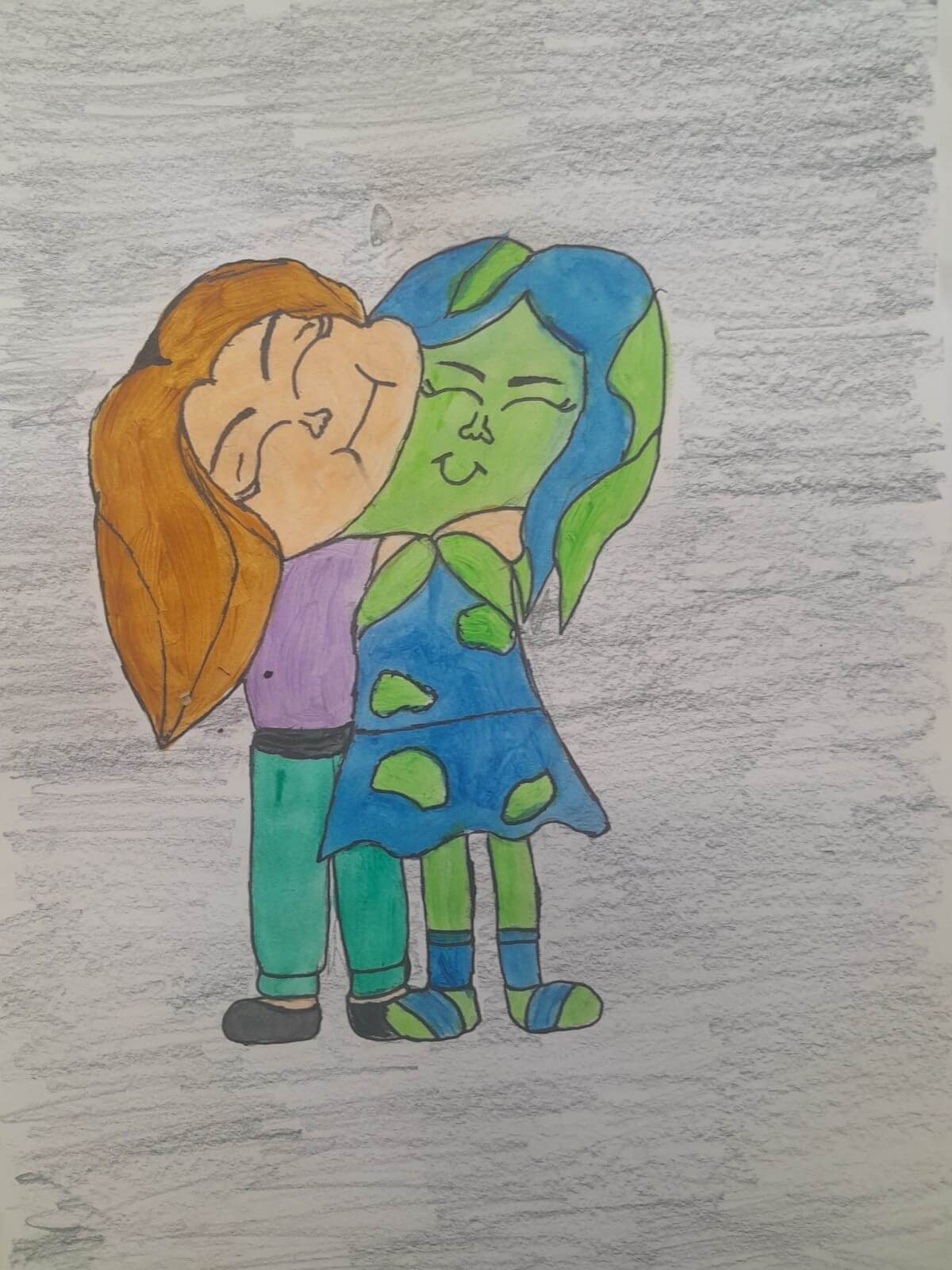Child drawing by young artist Adriana Cristina Radu, representing two girls hugging each other. One is a human girl, the other is the planet Earth as a girl.