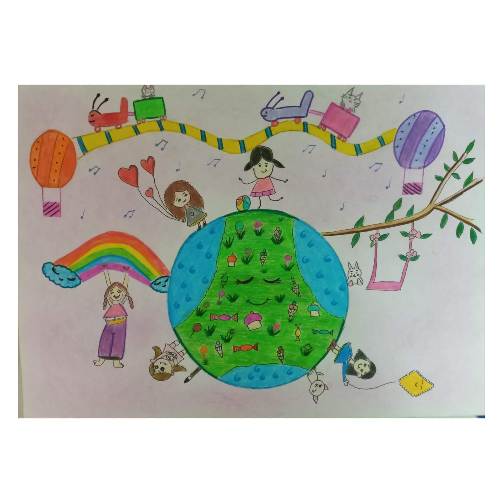 Child drawing by young artist Adrina Pirghasemi, representing our planet and children.
