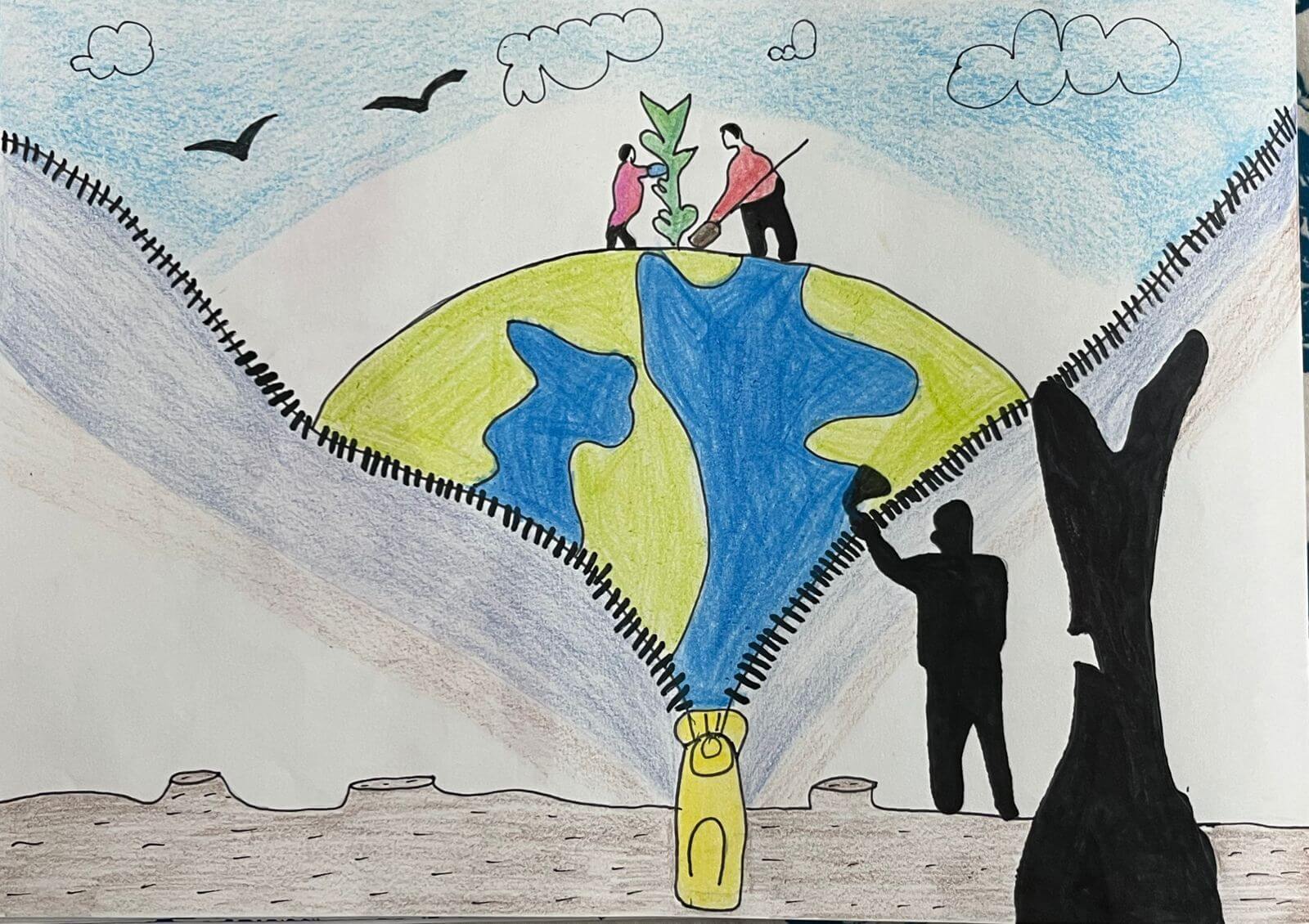 Child drawing by young artist Akhil (India, age 7), showing planet Earth and some humanoid shadows.