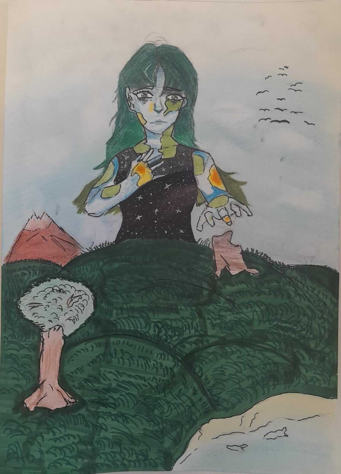 Child drawing by young artist Alexandru Dinu, representing sick Mother Earth.