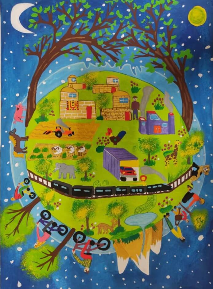 Child drawing by young artist Ali Keramati (Iran, age 11), showing planet Earth with its nature, children, and animals.